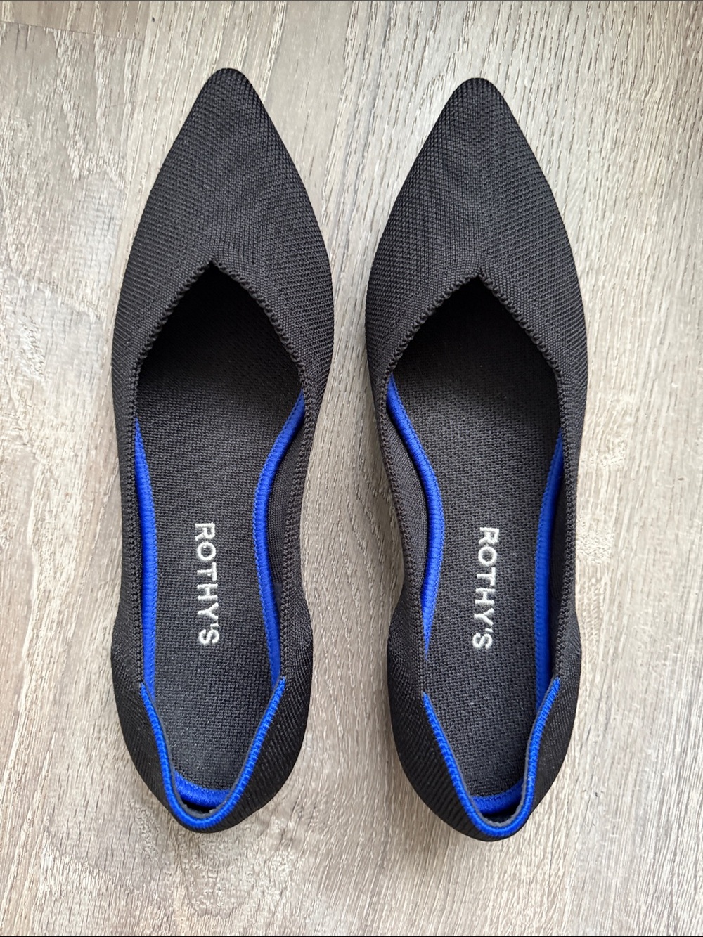 Rothy's Black Pointed Knit Flats with Blue Accent
